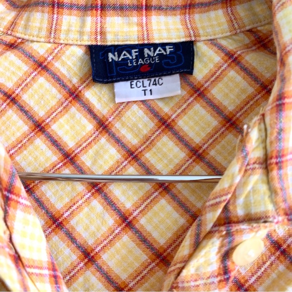 VINTAGE NAF NAF y2k retro short sleeve blouse button up top plaid Small pocket - Picture 7 of 9